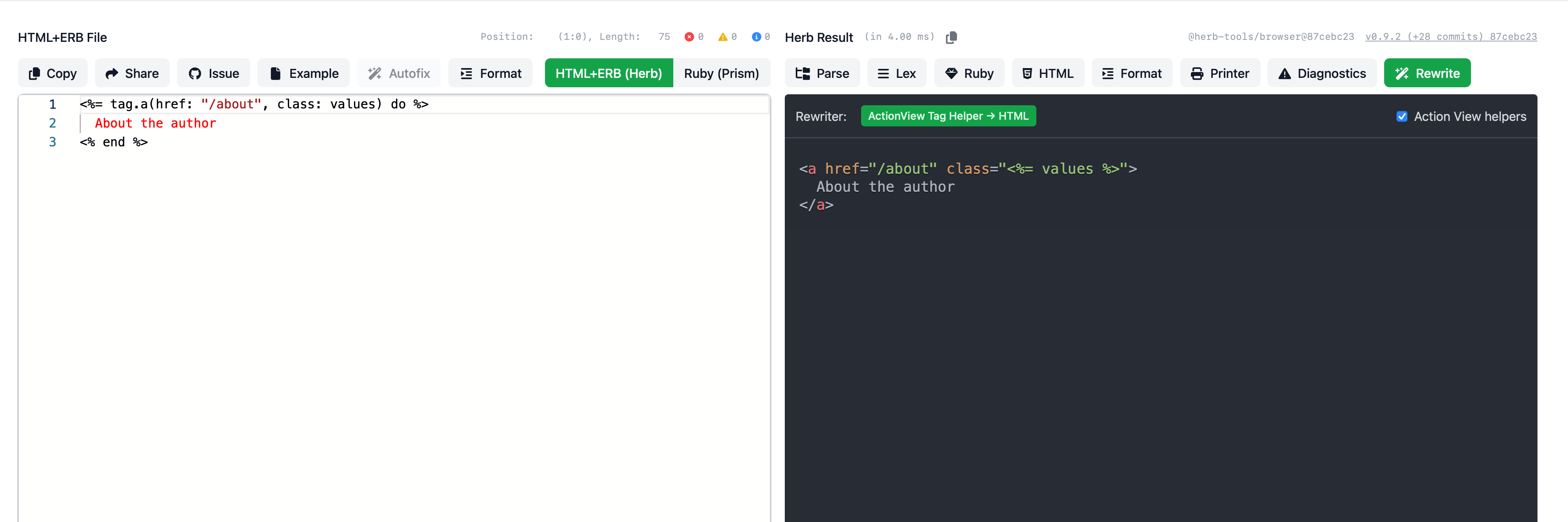 Playground tab rewriting Action View helpers into their HTML equivalent